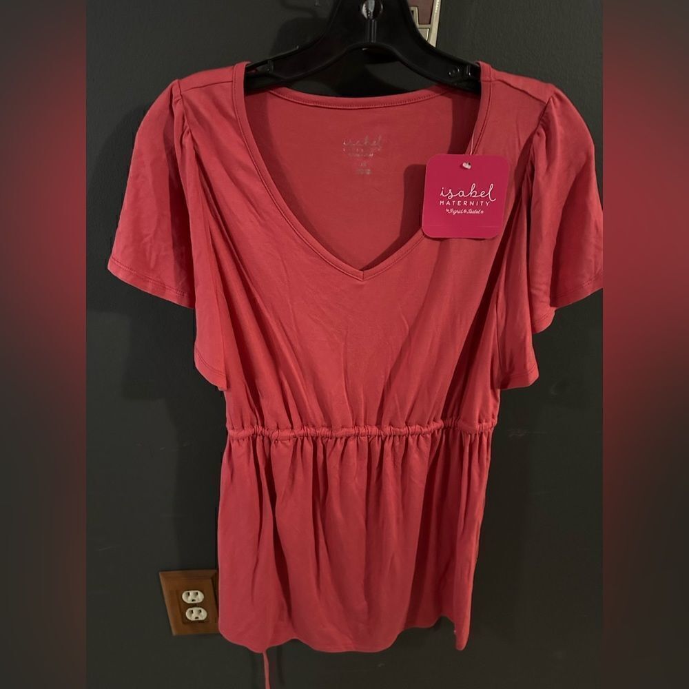 Isabel Maternity Flutter Short Sleeve Tie Waist Maternity Top Coral Res NWT XS - Picture 8 of 15